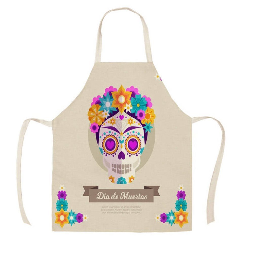 Women's Apron Dia De Los Muertos Sugar Skull Multi Color Cotton Linen